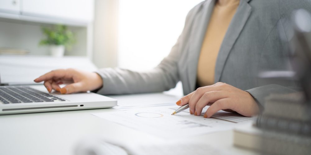 Auditor or internal revenue service staff, Business women checking annual financial statements of company. Audit Concept.