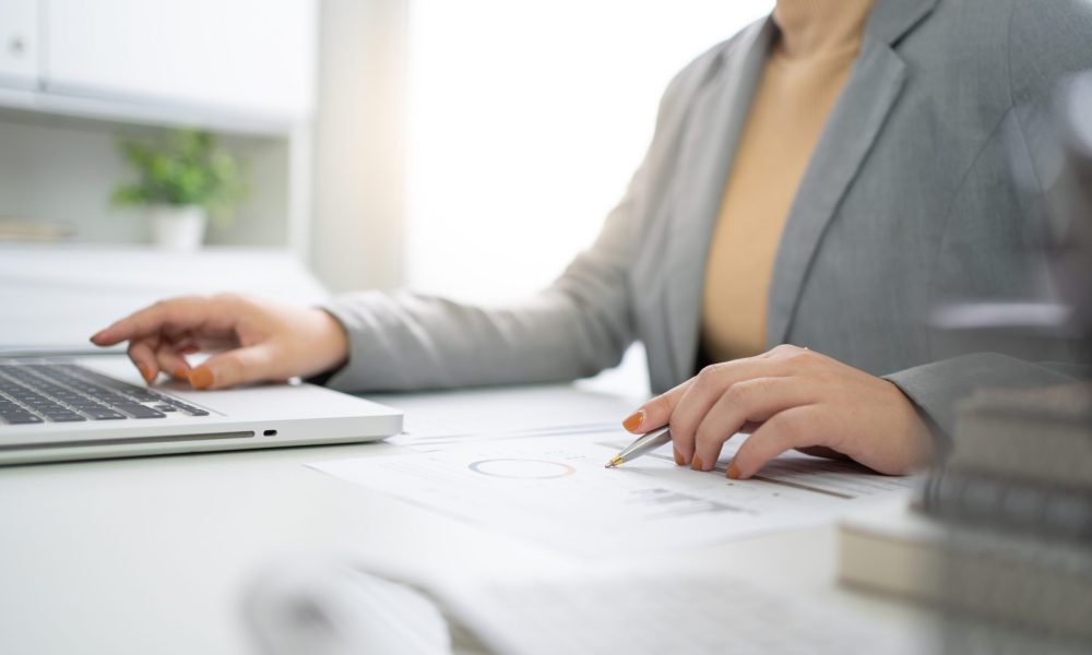 Auditor or internal revenue service staff, Business women checking annual financial statements of company. Audit Concept.
